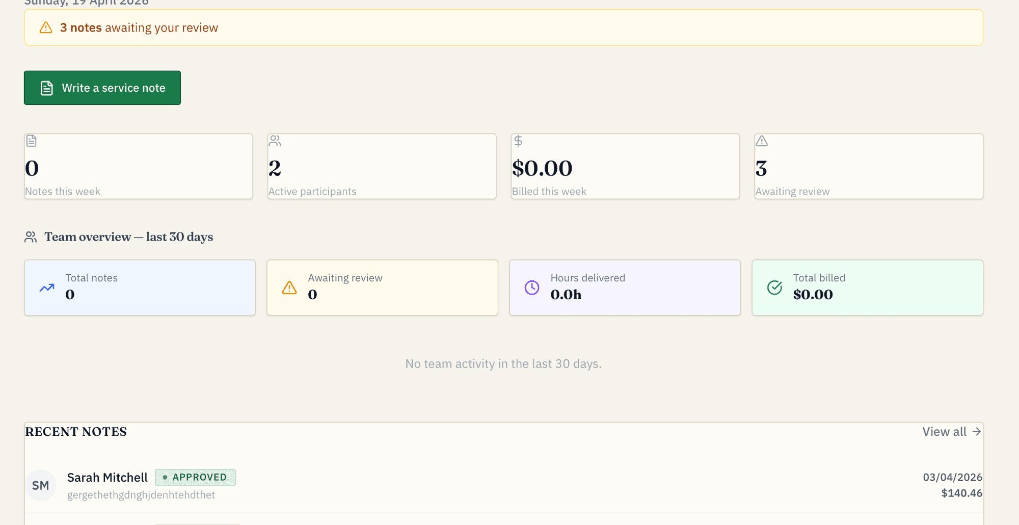 Billa dashboard showing notes this week, active participants, billed amount, team overview and recent approved notes
