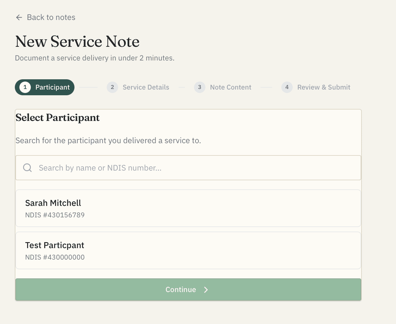 Billa new service note form showing 4-step wizard: participant selection, service details, note content, review and submit