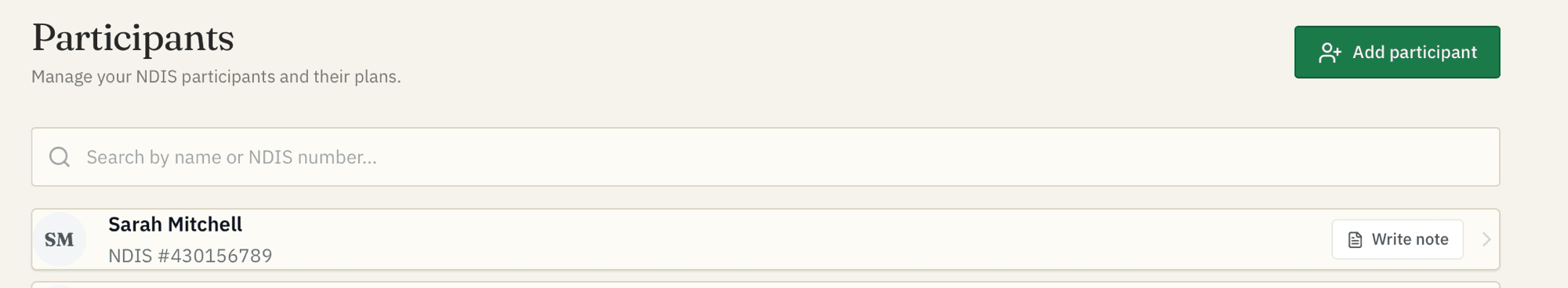 Billa participants list showing NDIS numbers, search, and quick Write note action